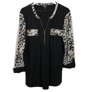 Black Tunic Top with Cheetah Print Sleeve Popover Zipper Accent M Retro Mob Wife